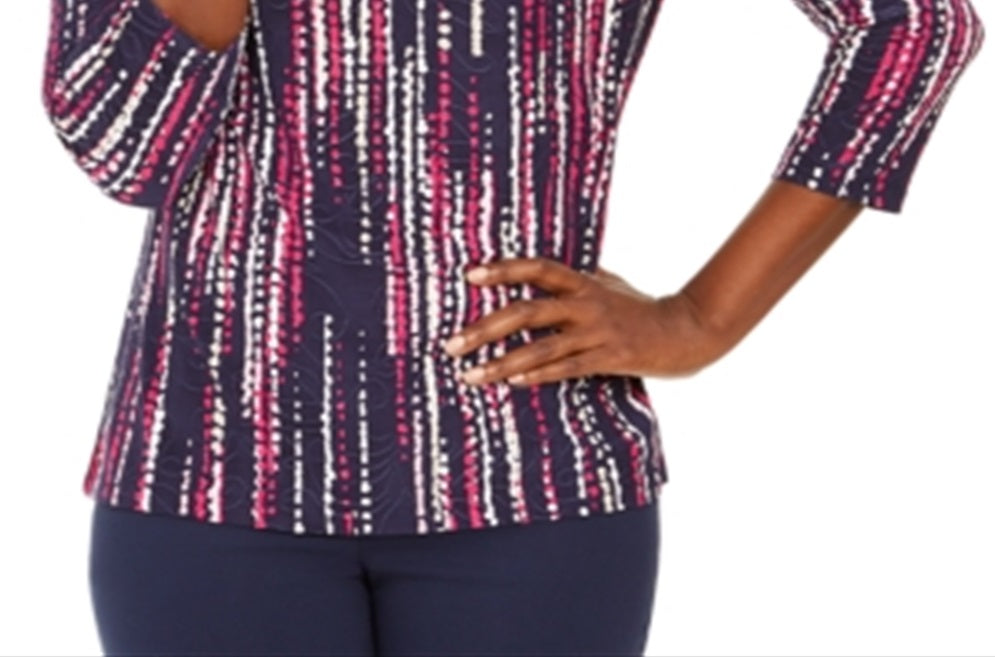 Camiseta feminina jacquard manga 3/4 da coleção JM, azul, tamanho pequeno