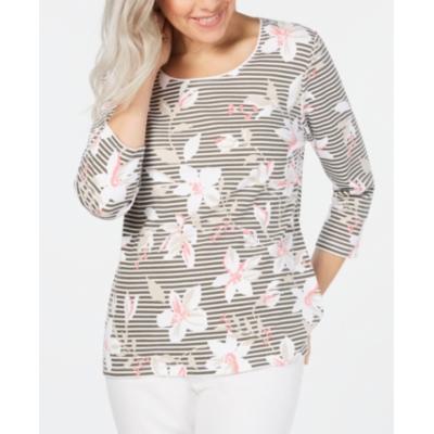 Camiseta feminina Karen Scott com listras verdes e estampa floral, manga 3/4 e decote redondo, tamanho XS