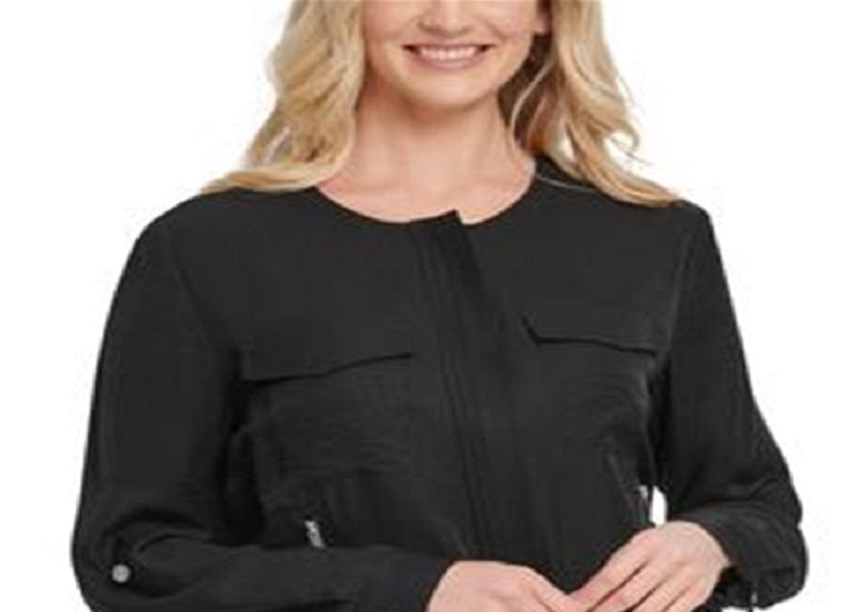 Jaqueta feminina DKNY com zíper frontal e aba enrolada, preta, tamanho médio