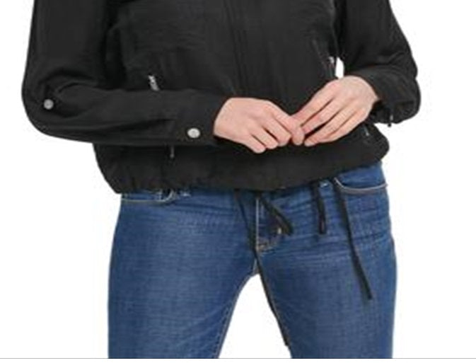 Jaqueta feminina DKNY com zíper frontal e aba enrolada, preta, tamanho médio