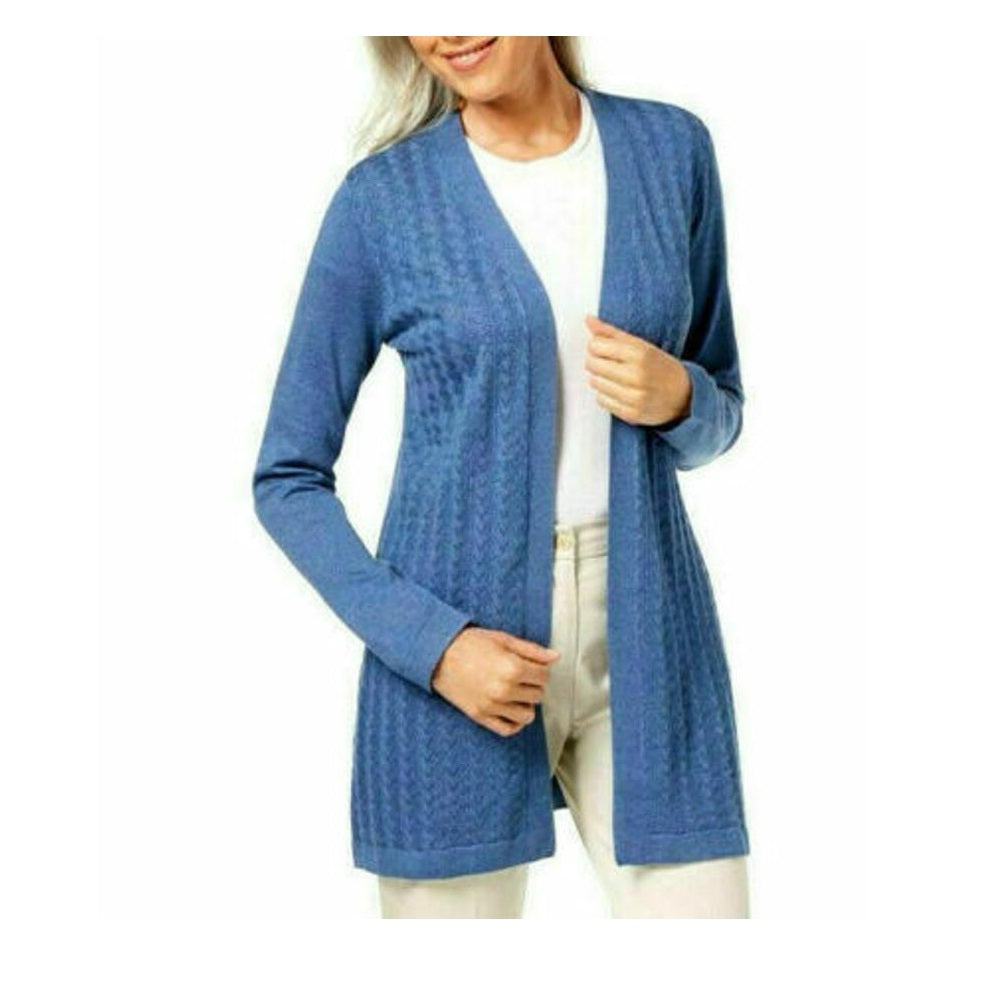 Karen Scott Cardigan Pointelle Aberto na Frente Feminino Azul Tamanho Grande