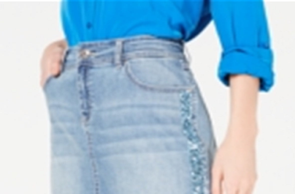 Minissaia feminina INC com bolsos e zíper e lantejoulas, azul, tamanho 4