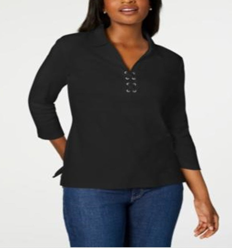 Camisa feminina Karen Scott de algodão com cadarço, preta, tamanho XX-G