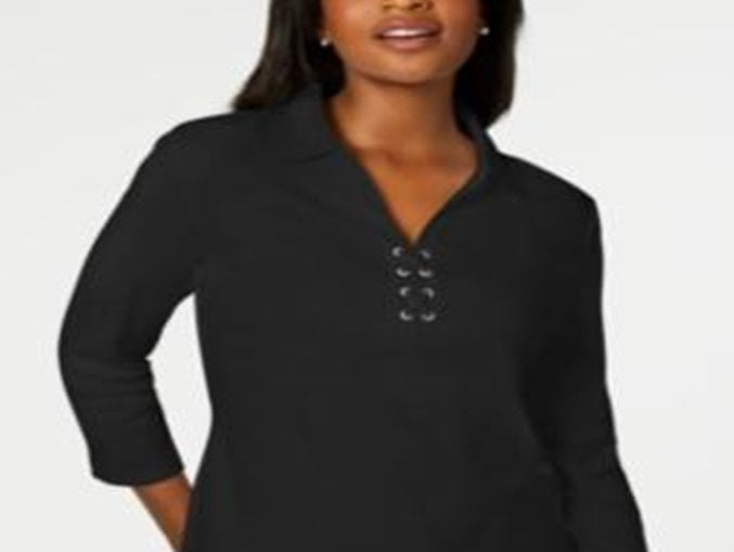 Camisa feminina Karen Scott de algodão com cadarço, preta, tamanho XX-G