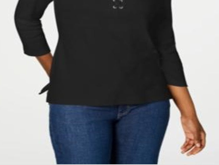 Camisa feminina Karen Scott de algodão com cadarço, preta, tamanho XX-G