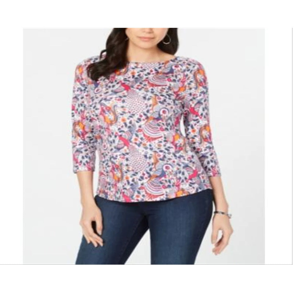 Charter Club feminino pequeno com estampa frontal e botões, cor branca brilhante, tamanho PXS