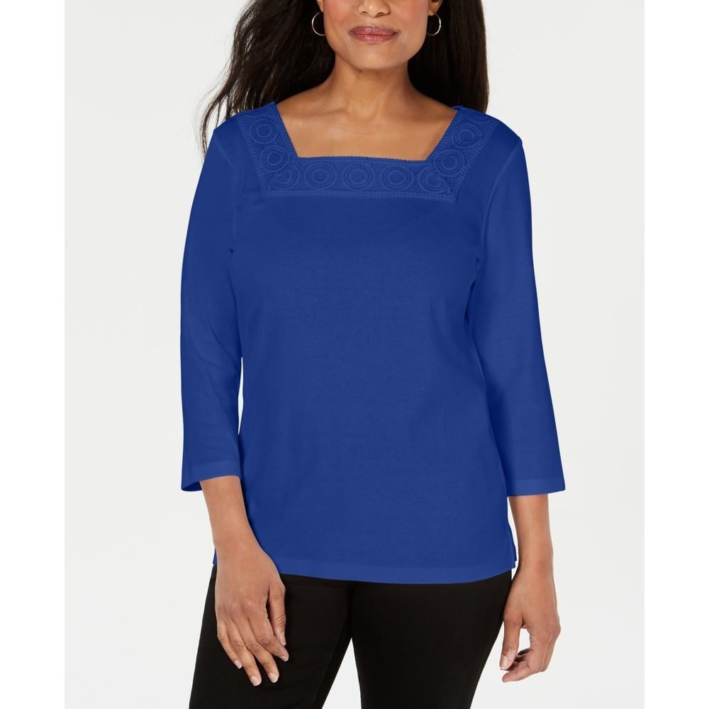 Blusa feminina Karen Scott de crochê com decote quadrado, azul, tamanho XXG