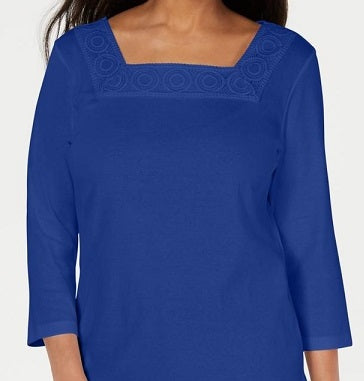 Blusa feminina Karen Scott de crochê com decote quadrado, azul, tamanho XXG