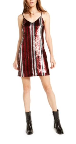 Vestido de festa curto com alças finas e lantejoulas listradas Bar III feminino, decote em V, preto, tamanho XX-S