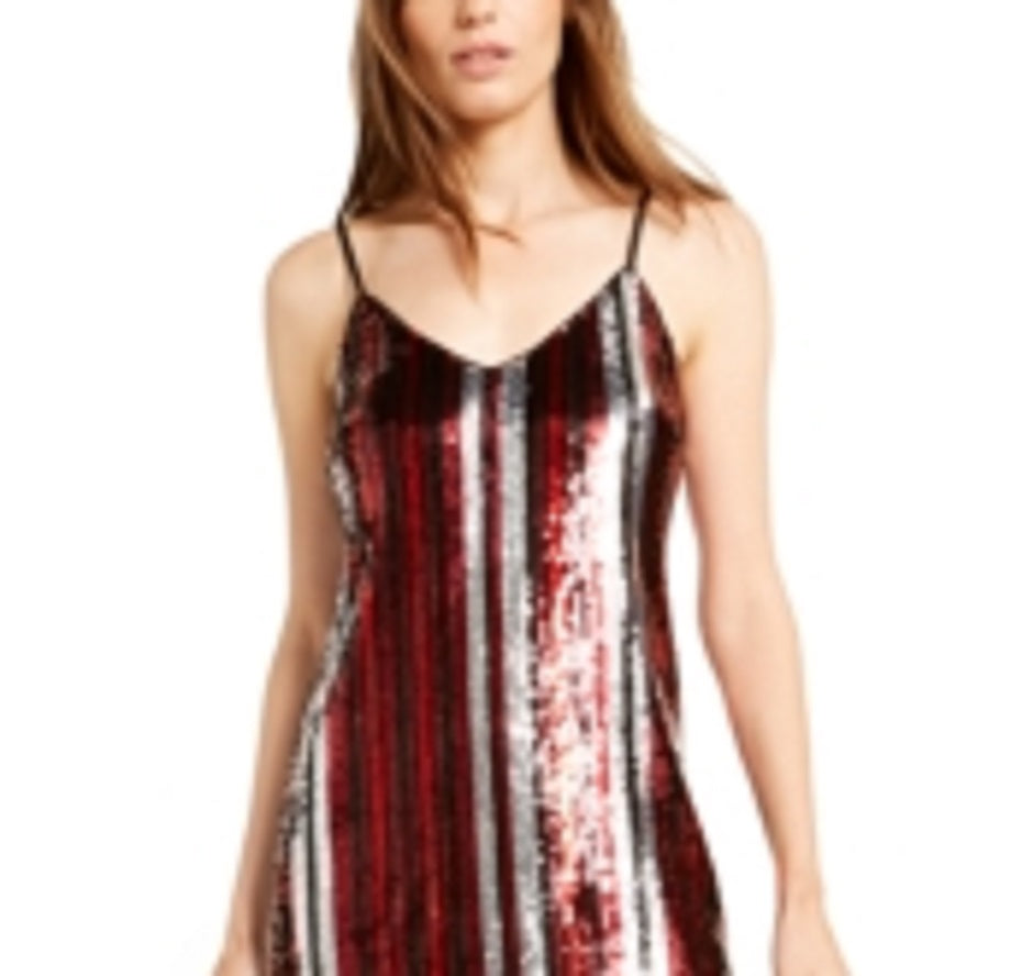 Vestido de festa curto com alças finas e lantejoulas listradas Bar III feminino, decote em V, preto, tamanho XX-S