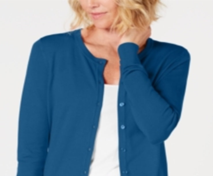 Cardigan feminino de manga comprida com botões na frente, azul, tamanho XX-G