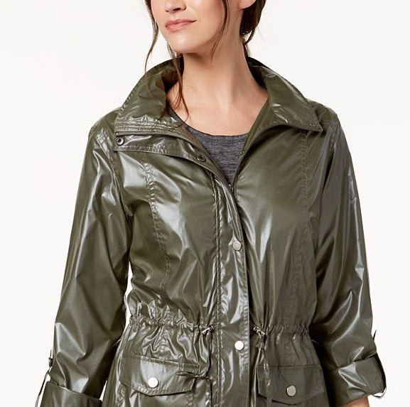 Casaco anoraque feminino estilo &amp; co com mangas dobradas brilhantes, verde, tamanho grande