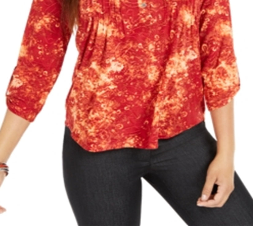 Camiseta feminina NY Collection Notations com manga 3/4 e decote dividido e botões, vermelha, tamanho pequeno grande