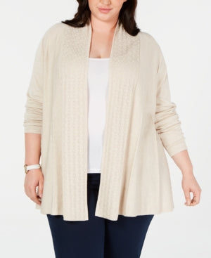 Karen Scott Suéter Cardigan Plus Size com Acabamento Pointelle Feminino Bege Tamanho 0X