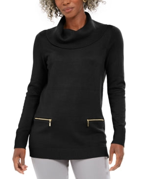 Jm Collection Suéter Feminino Petite com Bolso e Zíper e Gola Redonda - Preto Escuro Tamanho Petite Pequeno