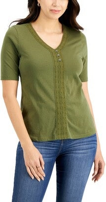 Karen Scott Top Henley Feminino Crochê com Acabamento Verde Tamanho GG
