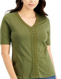 Karen Scott Top Henley Feminino Crochê com Acabamento Verde Tamanho GG