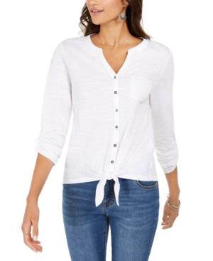 Blusa feminina estilo &amp; co com bolsos e amarração frontal, branca, tamanho pequeno