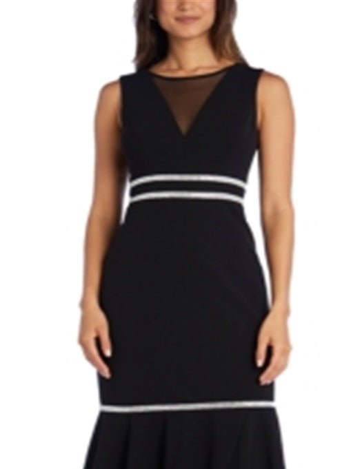 Vestido longo formal com decote ilusão e cintura baixa, sem mangas, R&amp;M Richards, feminino, tamanho 10, preto