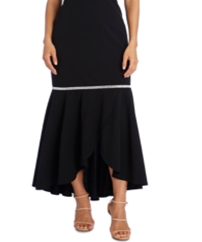 Vestido longo formal com decote ilusão e cintura baixa, sem mangas, R&amp;M Richards, feminino, tamanho 10, preto