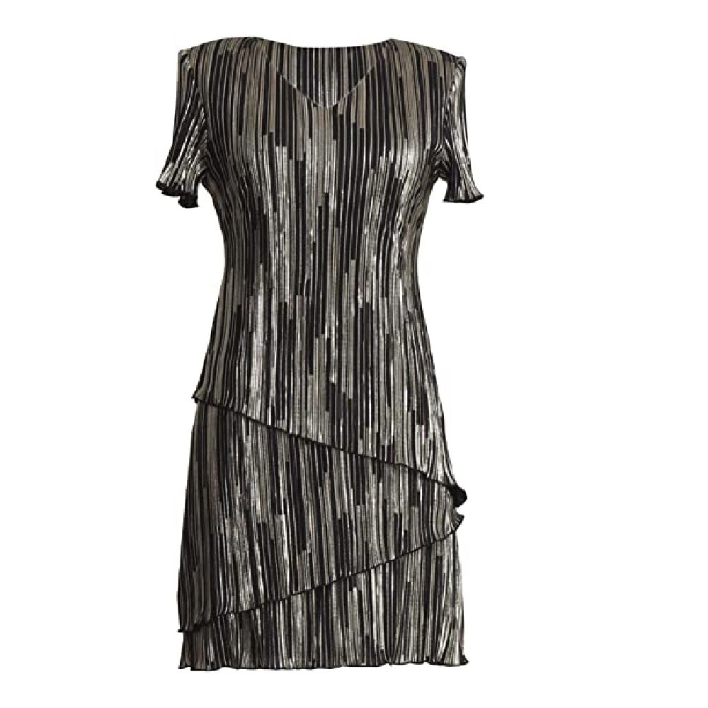 Vestido feminino CONNECTED manga curta comprimento até o joelho preto-dourado tamanho 14 P