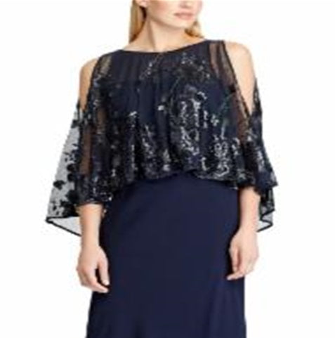 Vestido feminino Ralph Lauren com sobreposição de lantejoulas e georgette, azul, tamanho 12