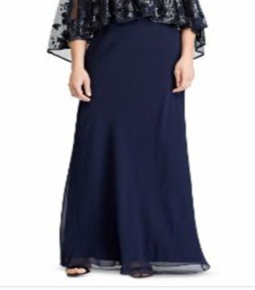 Vestido feminino Ralph Lauren com sobreposição de lantejoulas e georgette, azul, tamanho 12