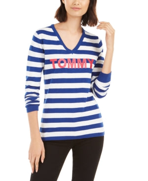 Tommy Hilfiger Blusa Feminina Listrada Azul Manga Longa Gola V Tamanho GG