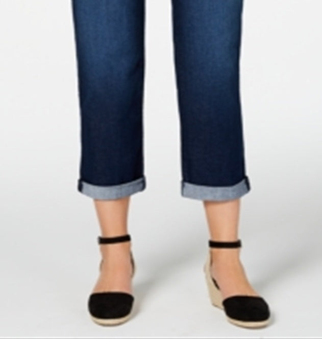 Calça jeans estilo boyfriend feminina, estilo curvy-fit, com punho, azul, tamanho 2