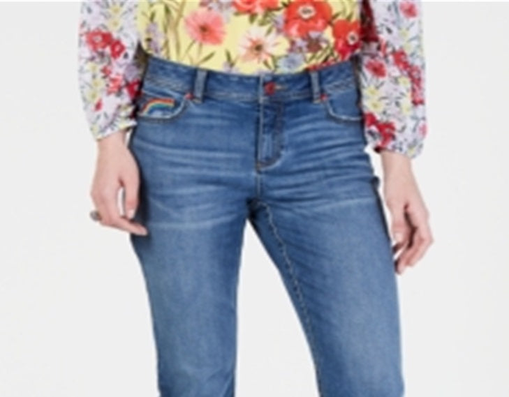 Calça jeans skinny cropped com franjas arco-íris feminina INC, azul, tamanho 8