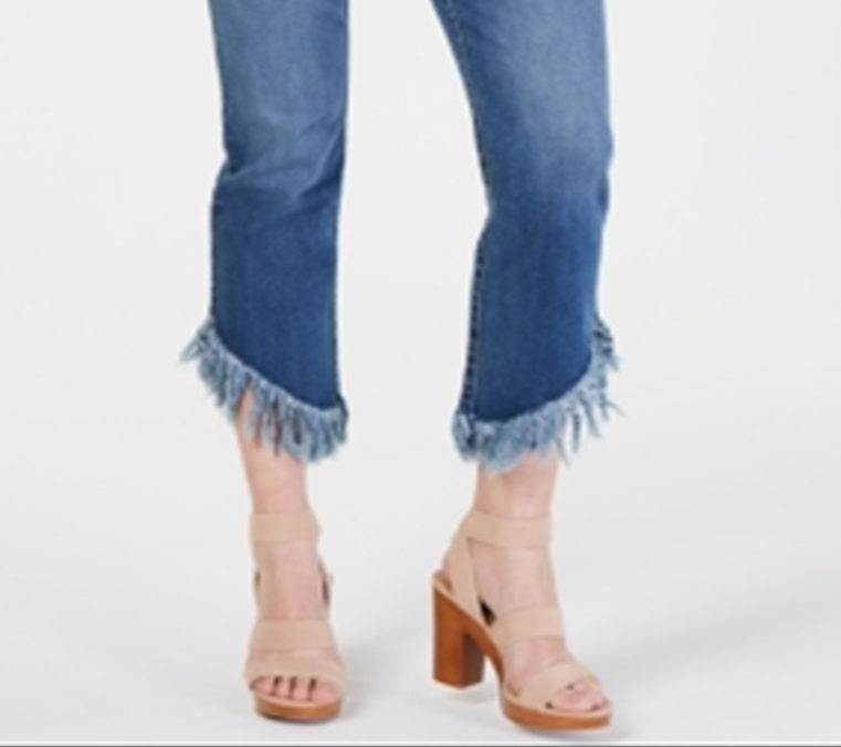 Calça jeans skinny cropped com franjas arco-íris feminina INC, azul, tamanho 8