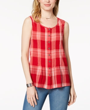 Camisa xadrez de algodão feminina Style &amp; Co, vermelha, tamanho grande