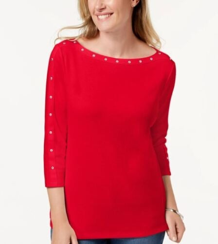 Karen Scott Blusa feminina de algodão com acabamento em tachas e gola canoa, vermelha, tamanho pequeno M