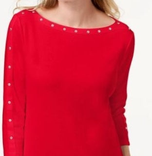 Karen Scott Blusa feminina de algodão com acabamento em tachas e gola canoa, vermelha, tamanho pequeno M