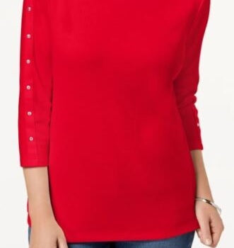Karen Scott Blusa feminina de algodão com acabamento em tachas e gola canoa, vermelha, tamanho pequeno M