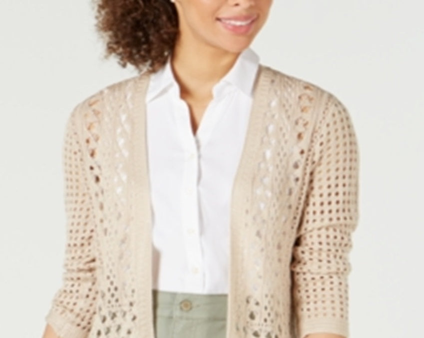 Cardigan feminino Charter Club com ponto aberto, suéter marrom, tamanho grande