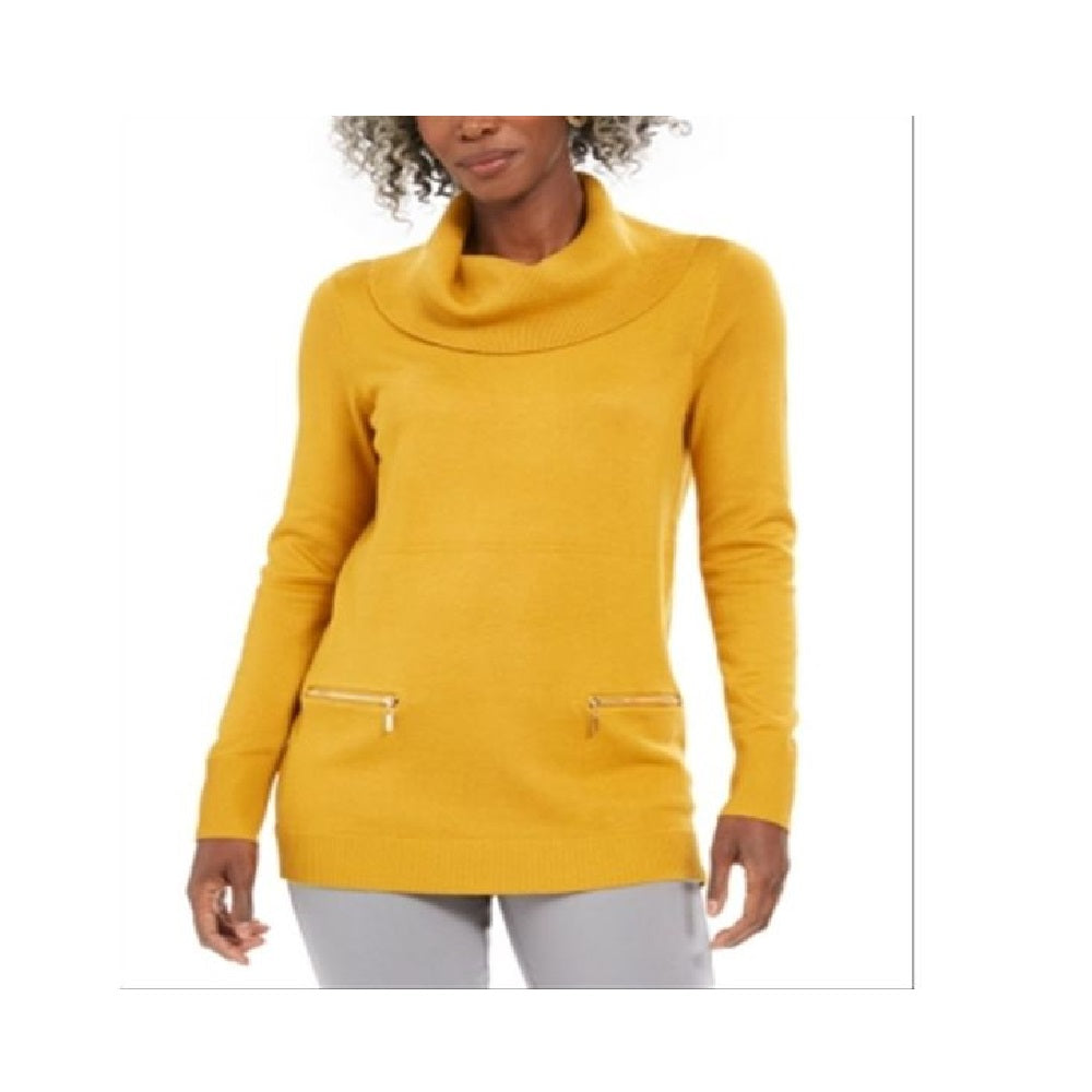 JM Collection Pulôver Feminino Mangas Curtas Gola Alta Tawny Mostarda Tamanho P