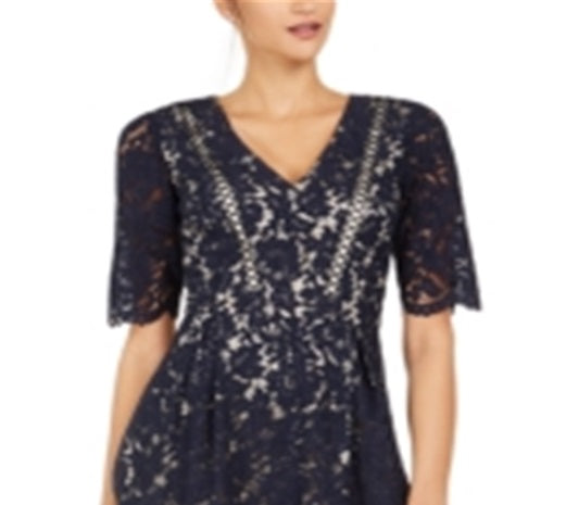 Vestido feminino Vince Camuto de manga curta com renda e ajuste evasê, azul, tamanho 16