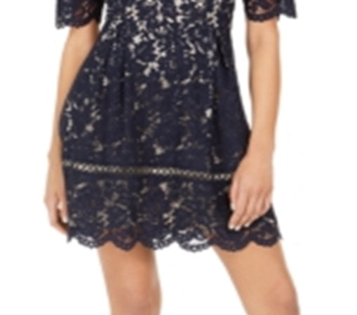 Vestido feminino Vince Camuto de manga curta com renda e ajuste evasê, azul, tamanho 16