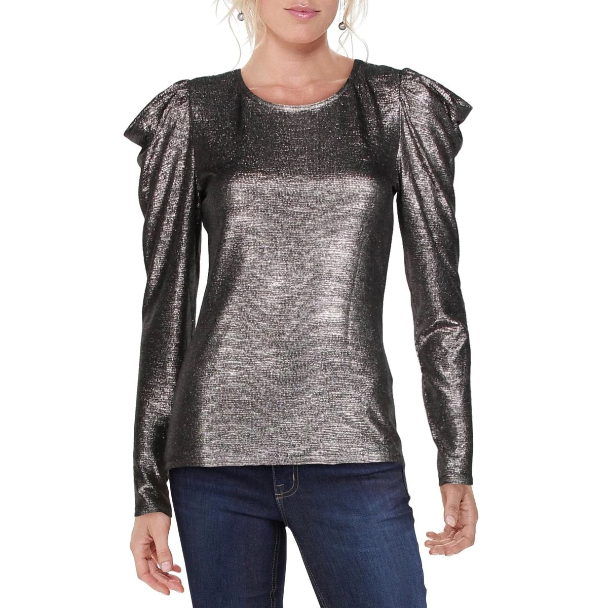 INC Camiseta feminina lisa brilhante de manga comprida com gola redonda e blusa de festa preta tamanho P