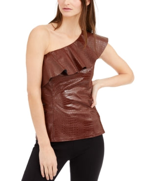 Blusa feminina de couro sintético com relevo de crocodilo da Inc International Concepts, marrom, tamanho XXL