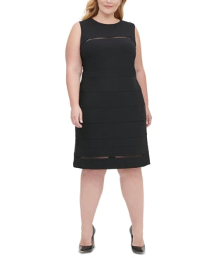 Vestido de festa feminino Tommy Hilfiger preto texturizado, sem mangas, gola redonda, comprimento até o joelho, tamanho grande 18W