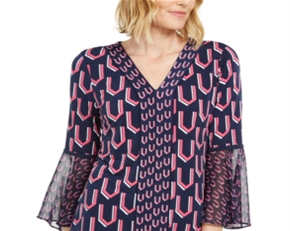 Túnica feminina estampada com manga sino da coleção JM, azul, tamanho XX-grande