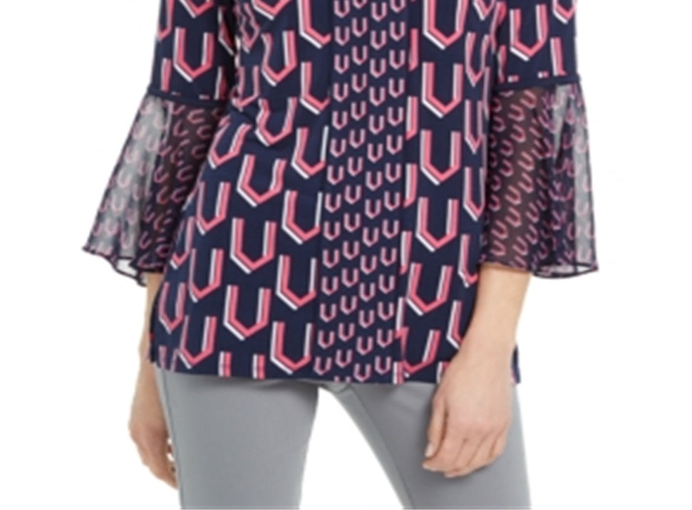 Túnica feminina estampada com manga sino da coleção JM, azul, tamanho XX-grande