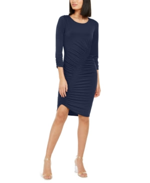 Vestido feminino INC azul marinho justo com manga 3/4, gola alta, midi, justo para usar no trabalho, tamanho GG