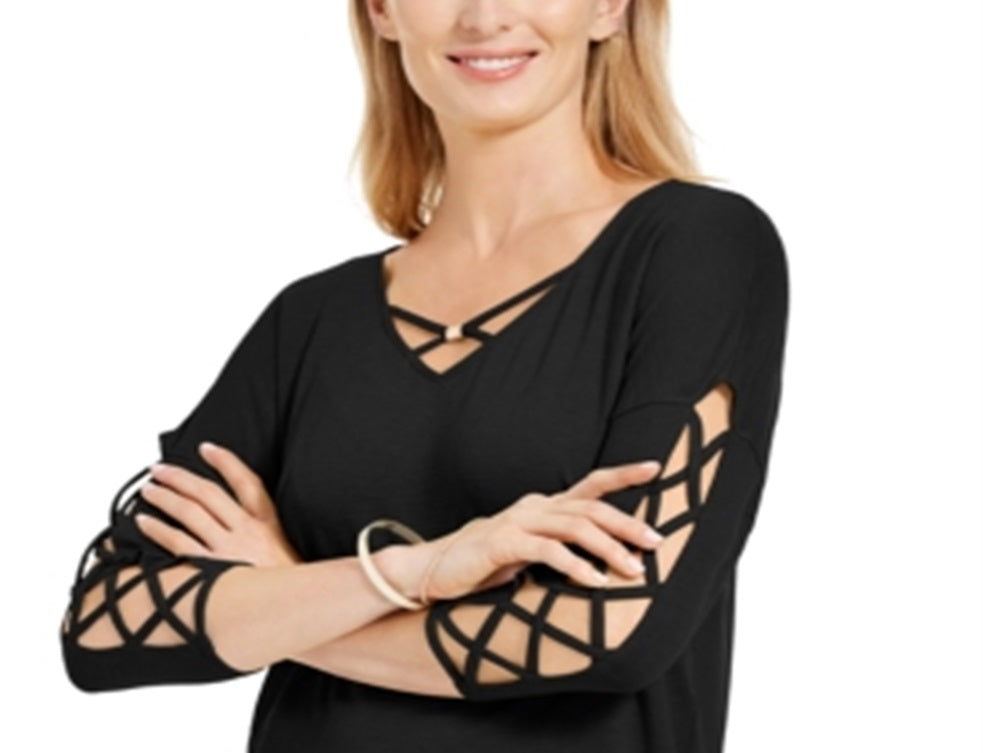 Blusa feminina com mangas longas e decote em V, preta, tamanho P, da coleção JM