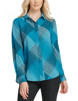 Blusa feminina DKNY plissada com estampa, manga comprida, gola alta, verde-azulada, para usar no trabalho, tamanho M