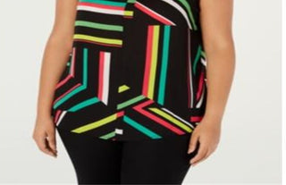 Regata feminina listrada sem mangas com decote em V Bar III, preta, tamanho 2X