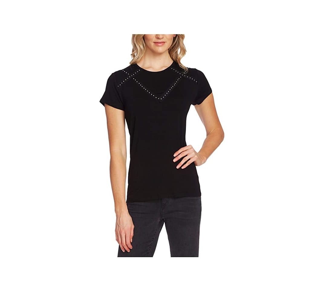 Camiseta feminina Vince Camuto com estampa de manga curta e detalhes em preto, tamanho grande