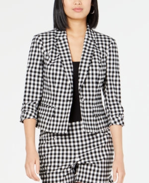 Blazer feminino xadrez com manga 3/4, tamanho pequeno, preto, Inc